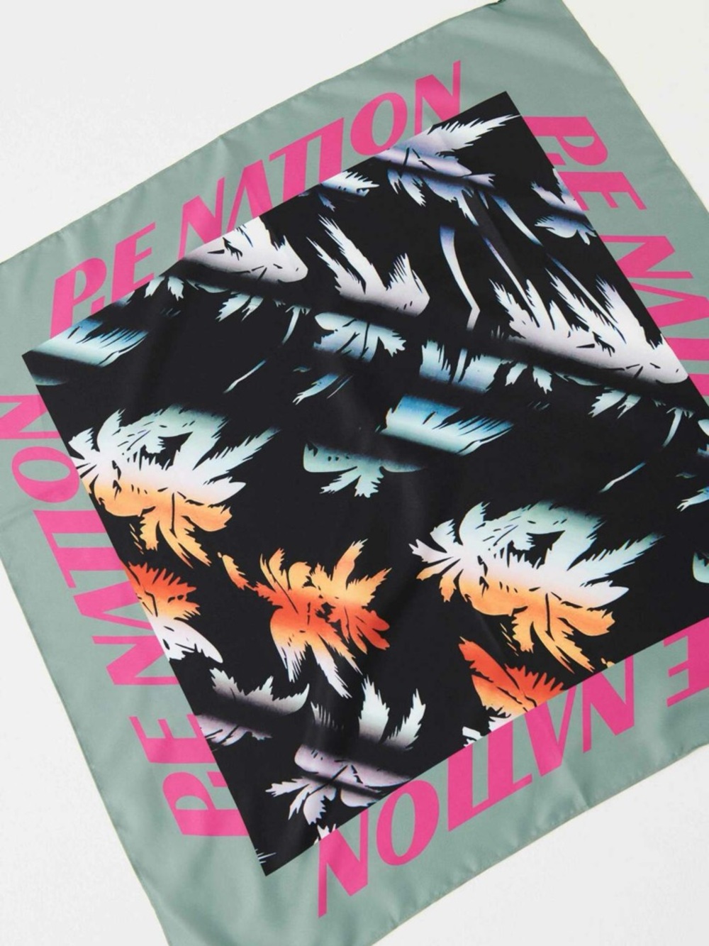 P.E Nation Tropical Print Square Scarf in Black with Pink and Mint Accents